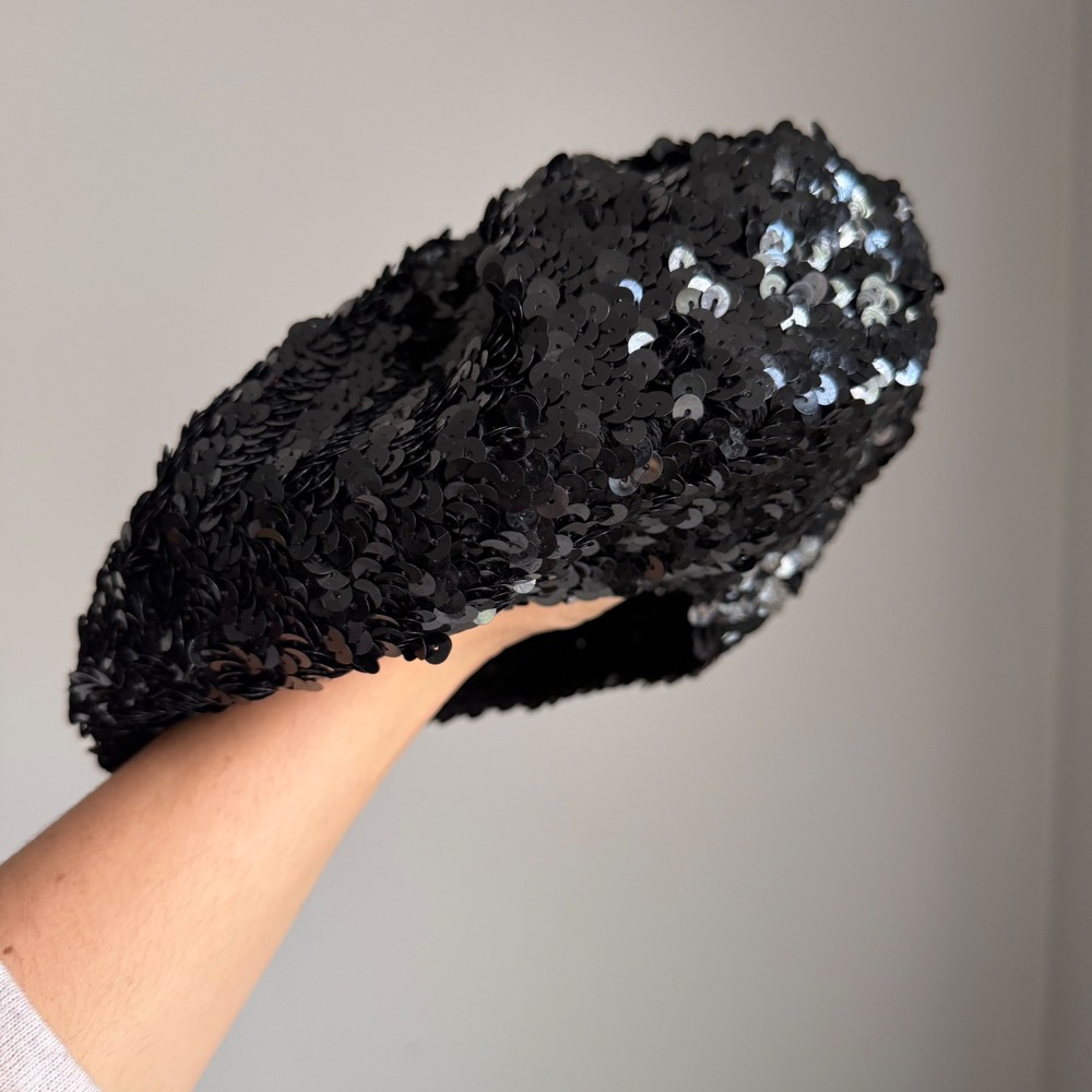 Vintage Y2K Black Sequin Beret Hat Glam Slouchy Evening Accessory One Size
